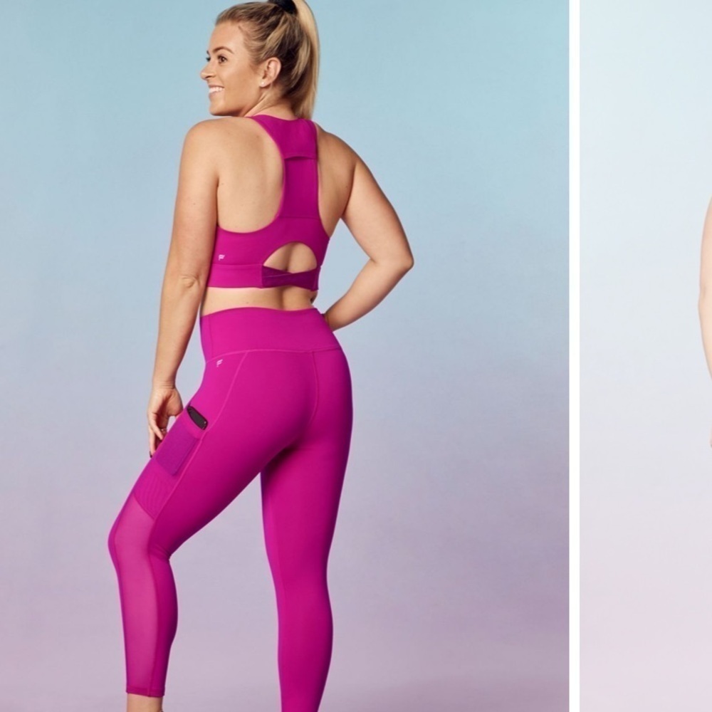 Fabletics small/med fuchsia leggings inside pocket sheer stripes down leg
